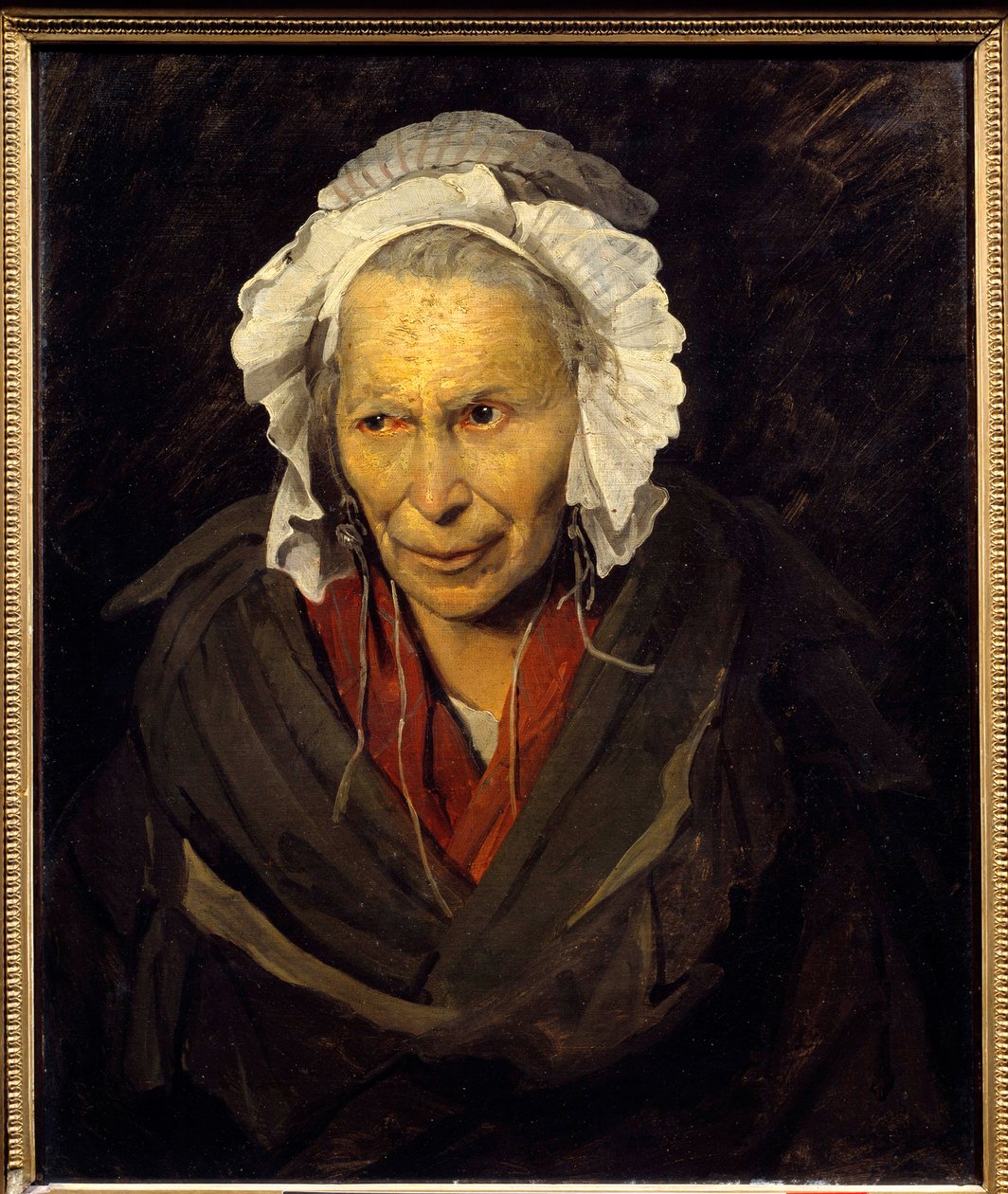 Salpetriere hyene eller monoman av misunnelse Portrett av en gammel kvinne som lider av psykiske lidelser. Maleri av Theodore Gericault (1791-1824) 1822 Søn. 0,72x0,58 m Lyon, musee des Beaux Arts - The Hyena of the Salpetriere eller misunnelsesmonomani. P av Theodore Gericault