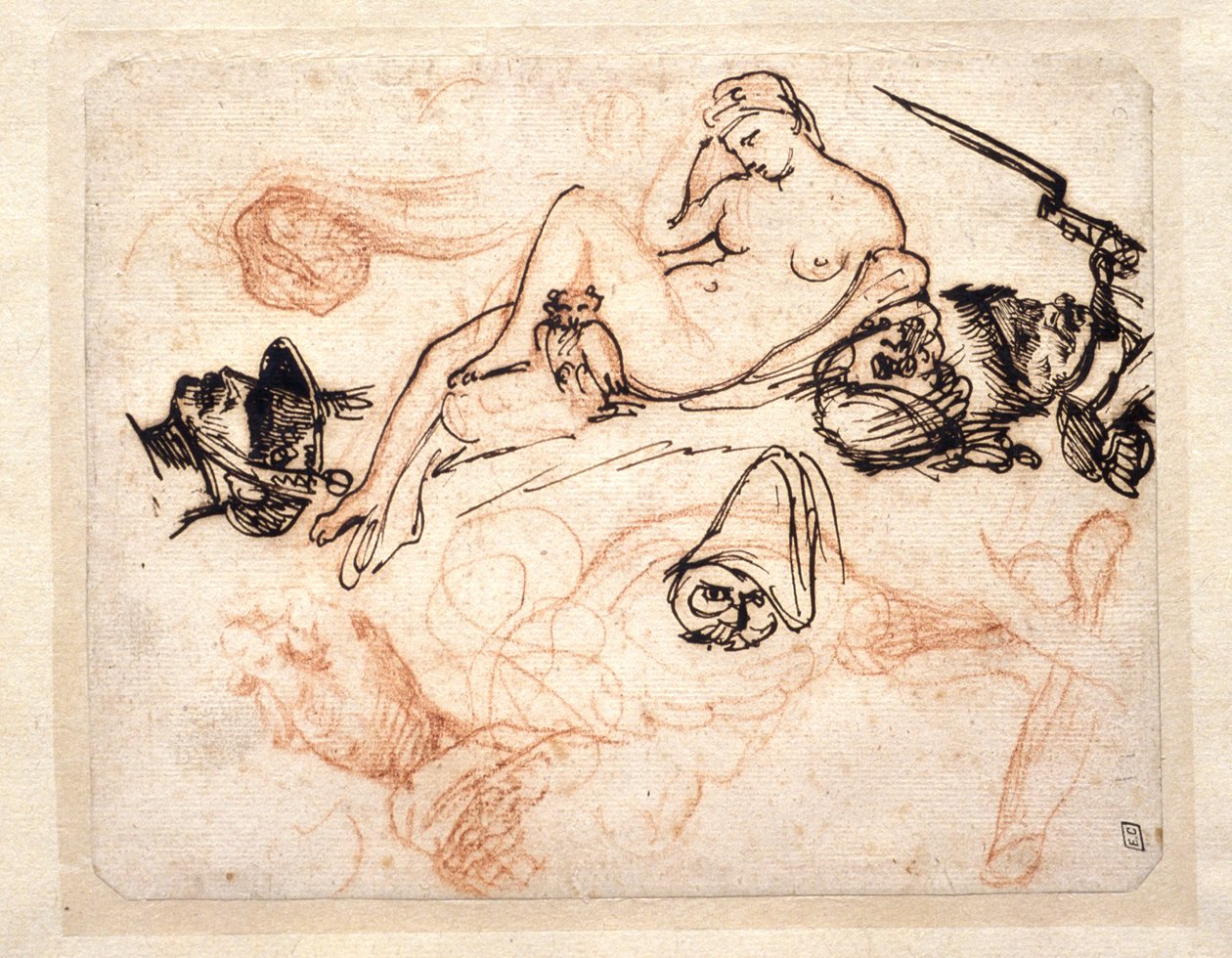 Studieark med Michelangelos «Natt», en grenader og andre skisser av Theodore Gericault