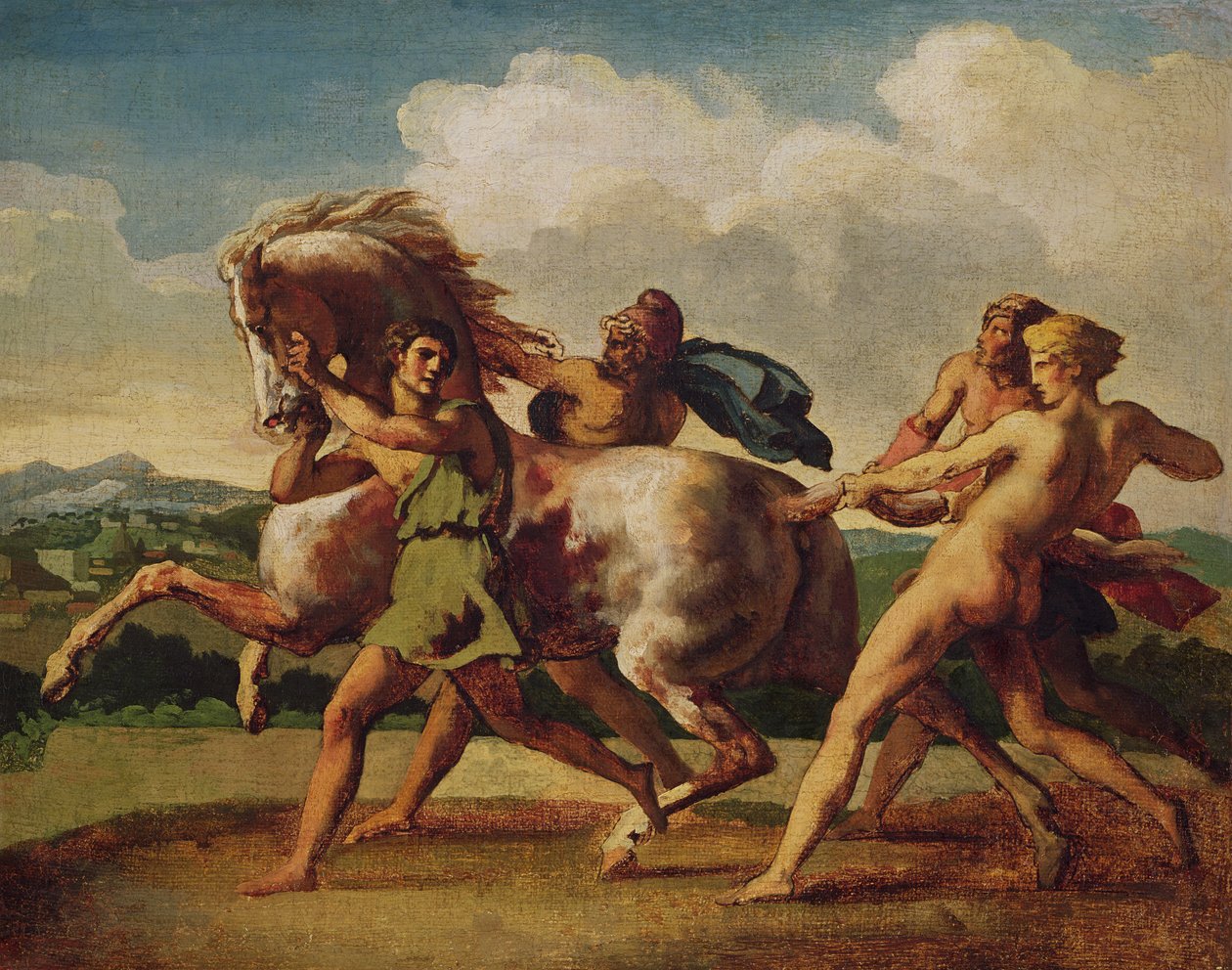 Slaver som stopper en hest, studerer for "The Race of the Barbarian Horses", 1817 av Theodore Gericault