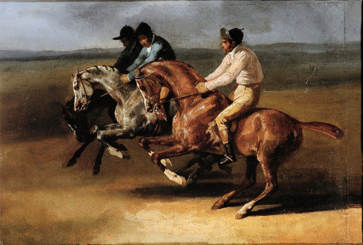 Start på hesteveddeløpet med ryttere (Olje på lerret av Theodore Gericault