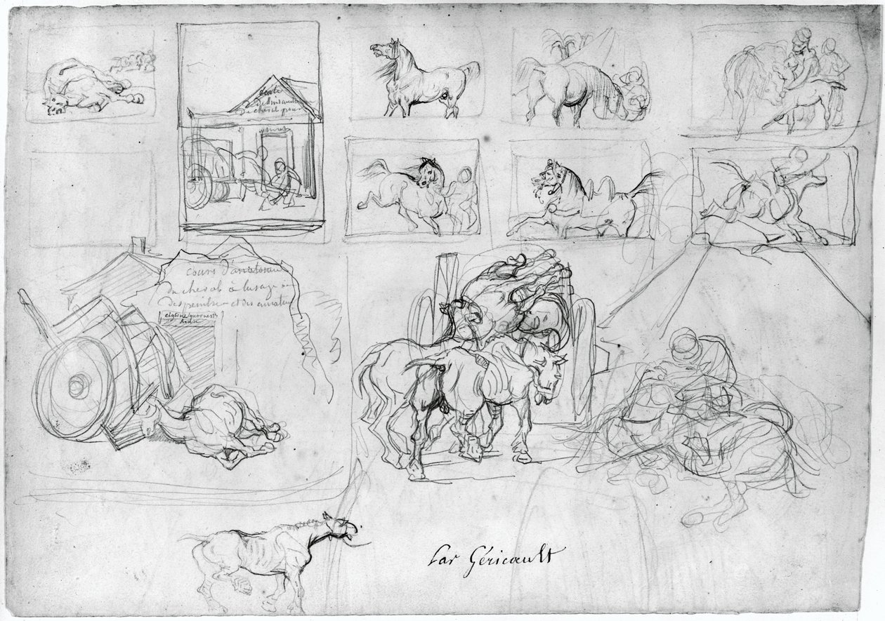 Avbildning av hester (forsiden); En vogn med en skiltbærer bak (baksiden) av Theodore Gericault
