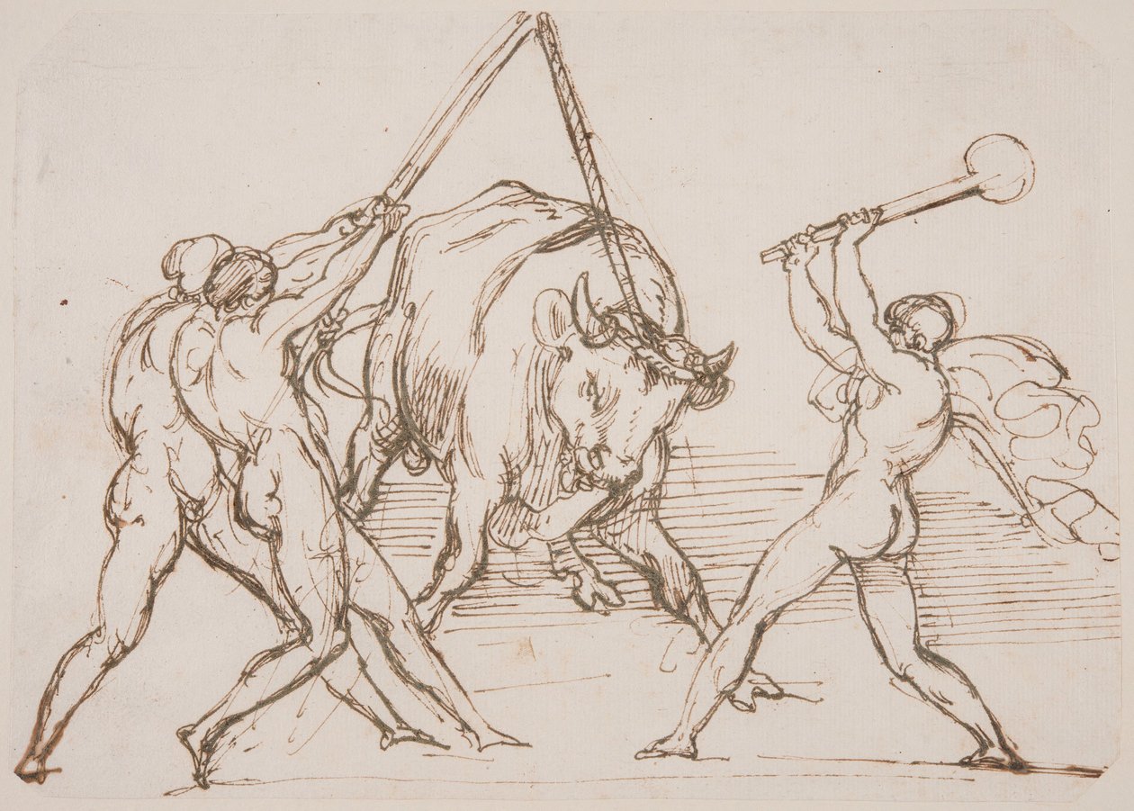 Tre menn som erter en okse av Theodore Gericault
