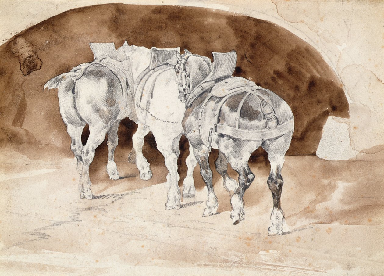Tre tunge hester i sele (blyant- og sepiavask) av Theodore Gericault
