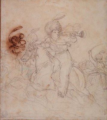 Trompetister som gir lyden (blyant, penn og brunt blekk) av Theodore Gericault