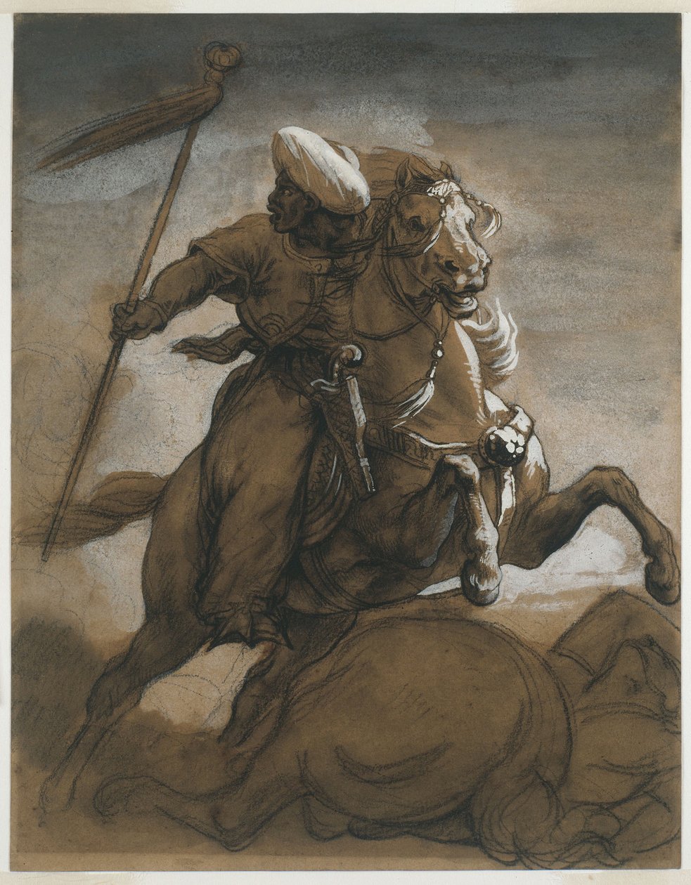 Turkish Cavalier in Combat, ca. 1818 (brun vask, forsterket med gouache på papir) av Theodore Gericault