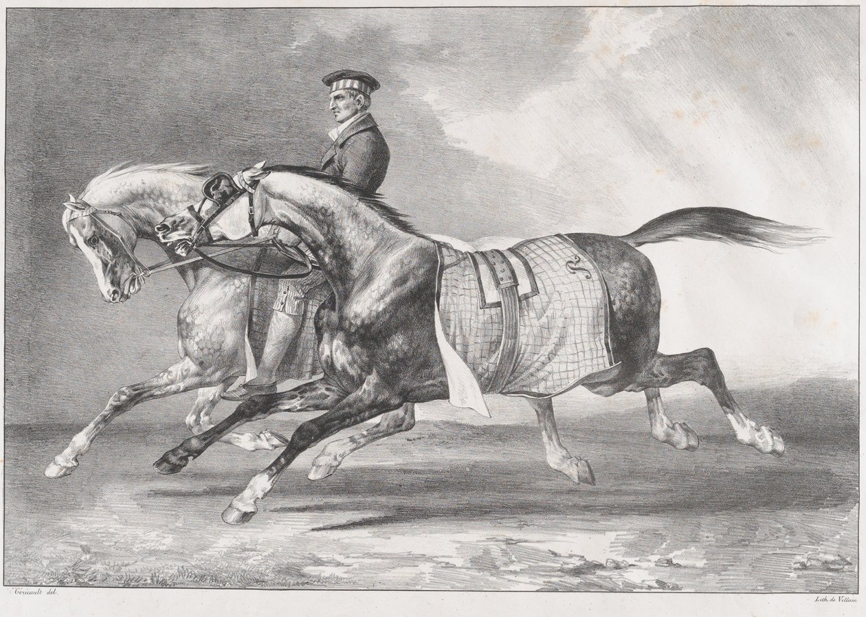 To gråflekket hester blir trent av Theodore Gericault