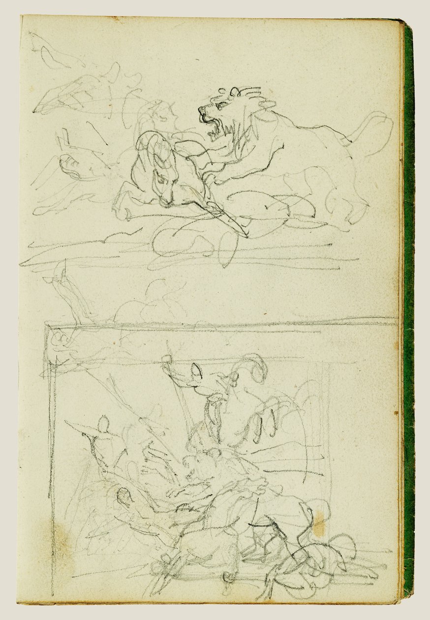 To komposisjonsstudier av en løvejakt av Theodore Gericault