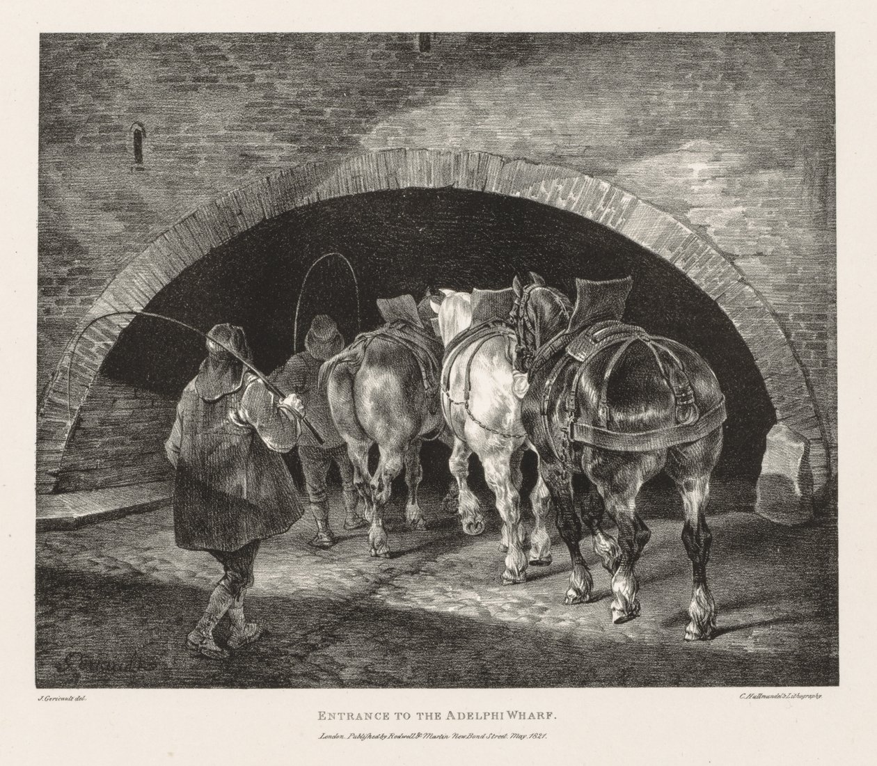 Ulike emner tegnet fra livet og på stein: Inngang til Adelphi Wharf, 1821. av Theodore Gericault