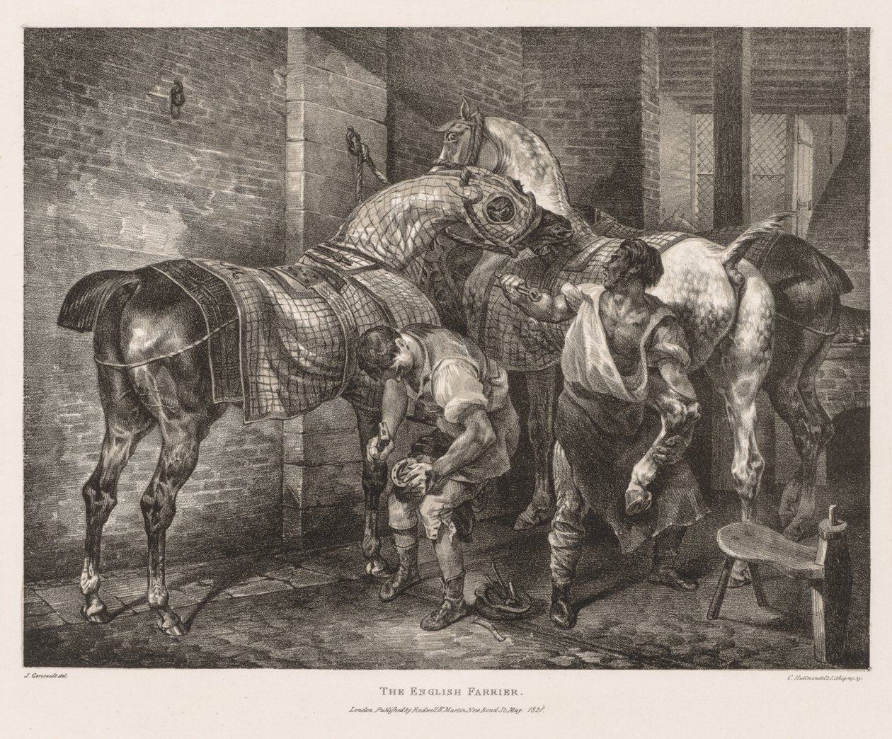 Ulike emner tegnet fra livet og på stein: The English Farrier, 1821. av Theodore Gericault