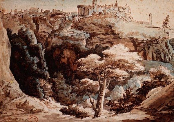 Utsikt over Tivoli (blyant, penn og brunt blekk, akvarell) av Theodore Gericault