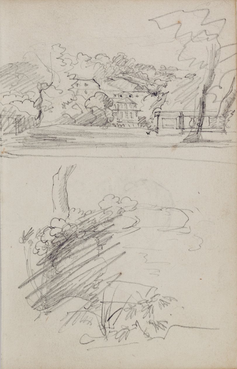 Utsikt over et landsted og studier av busker og løvverk av Theodore Gericault