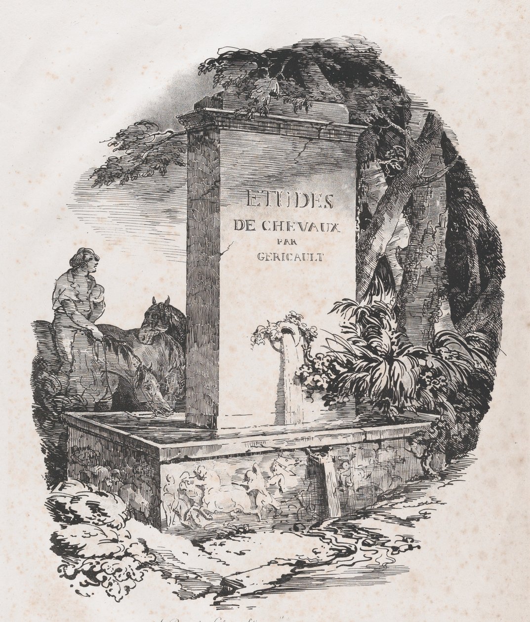 Vanningskar, tittelside for studier av hester Etudes de Chevaux, 1822. av Theodore Gericault