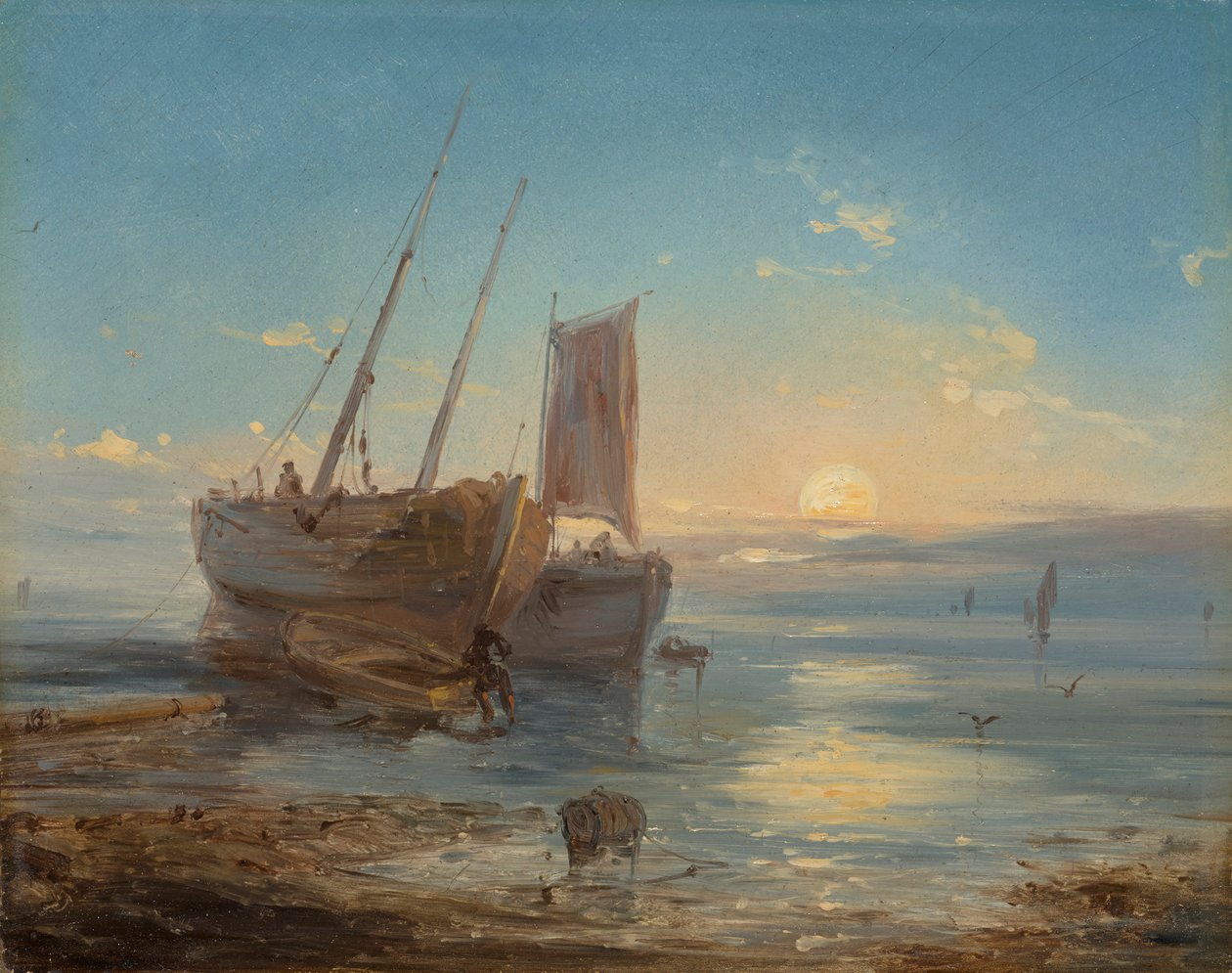 Båter på stranden ved lavvann av Theodore Gudin