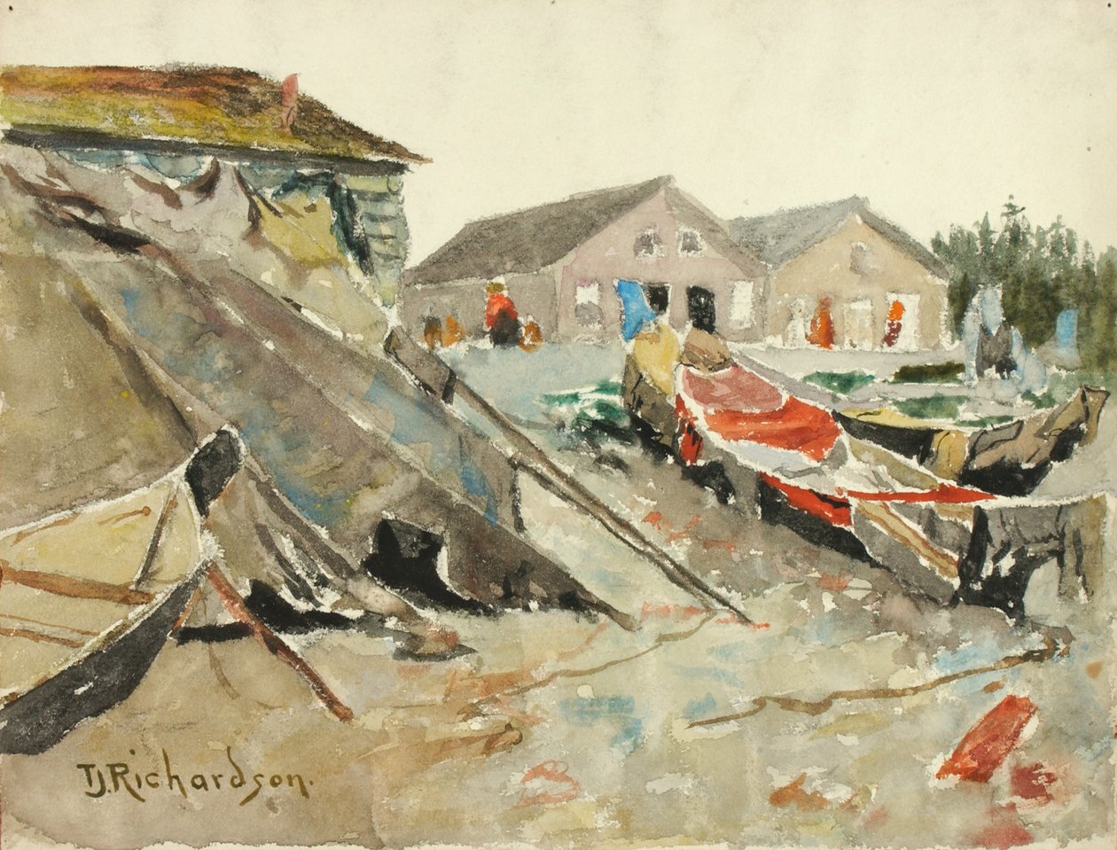 Tørketepper over kanoer, ca. 1890-1914. av Theodore J. Richardson
