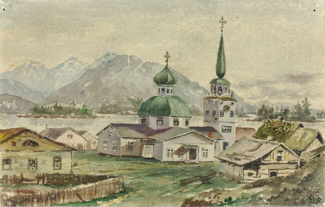 Sett bakfra av den greske kirken, Sitka, 1888. av Theodore J. Richardson