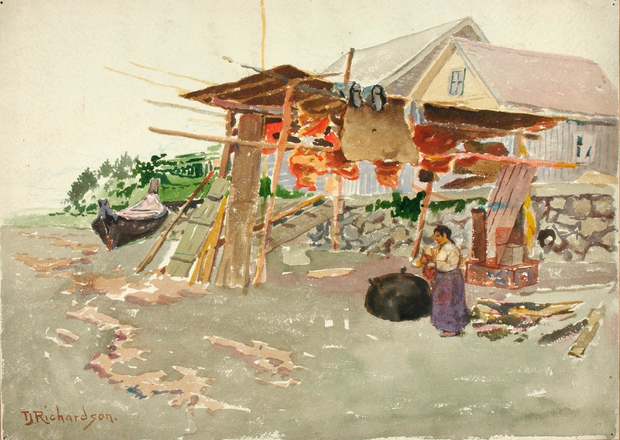 Laksetørking, Indian Village, Alaska, ca. 1880-1914. av Theodore J. Richardson