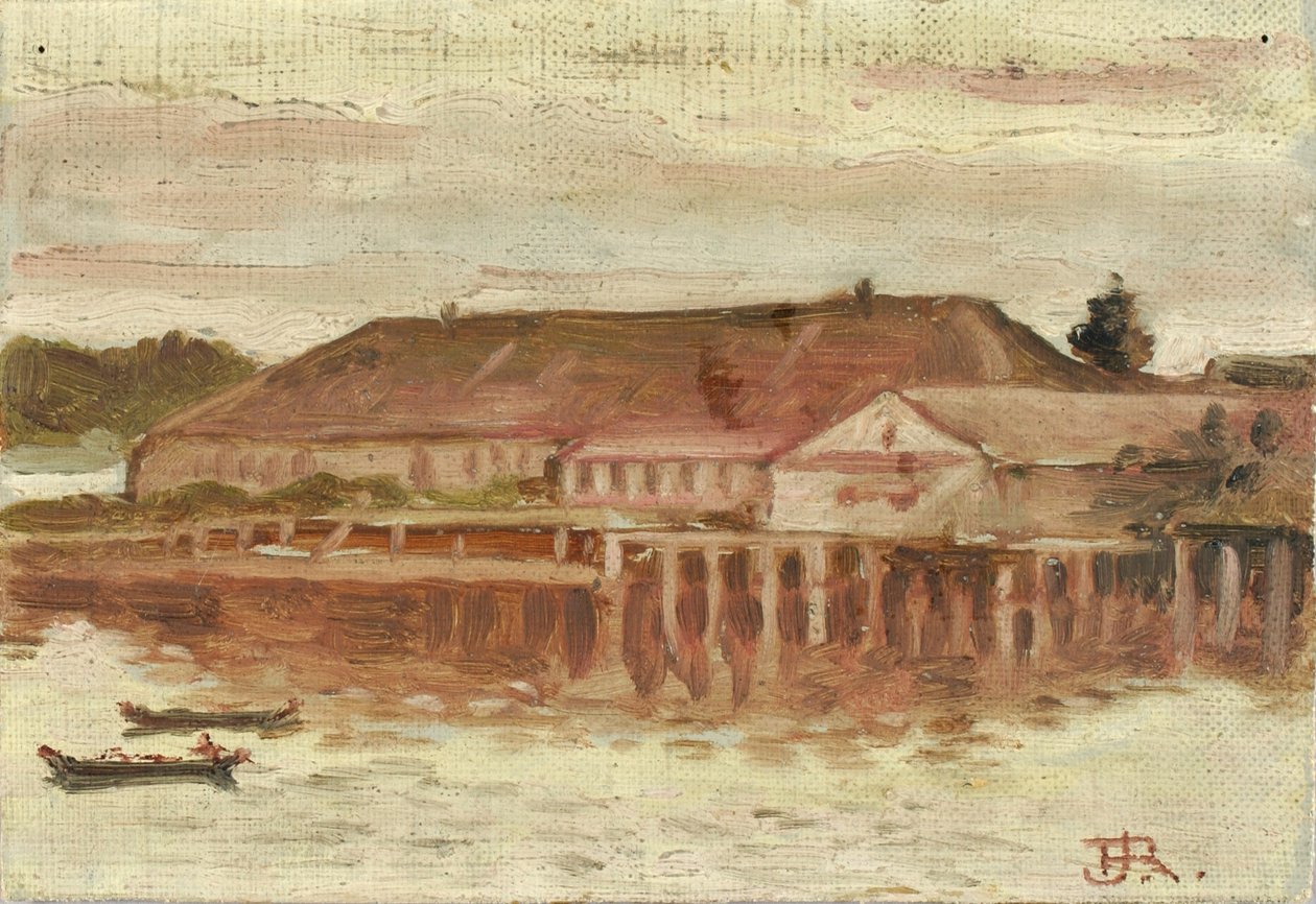 Handelspost og bryggebygninger, Sitka, kveld, ca. 1880-1914. av Theodore J. Richardson