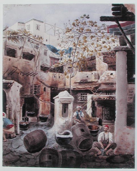 A Dyeworks, Rue du Divan, Alger. ca. 1835 (akvarell på papir) av Theodore Leblanc