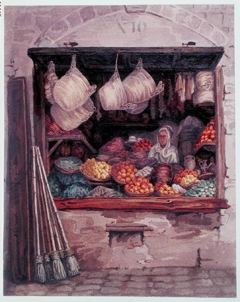 En kvinne som selger frukt og grønnsaker, Alger, ca. 1835 (akvarell på papir) av Theodore Leblanc