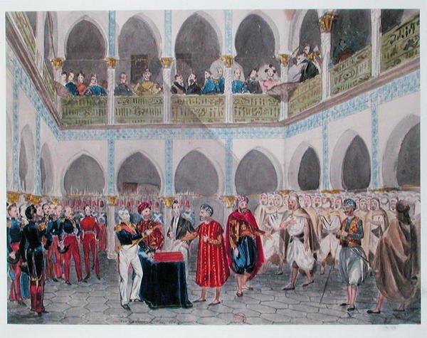 Investiture of the Bey of Algiers av grev Bertrand Clausel (1772-1842) 1835 (akvarell på papir) av Theodore Leblanc