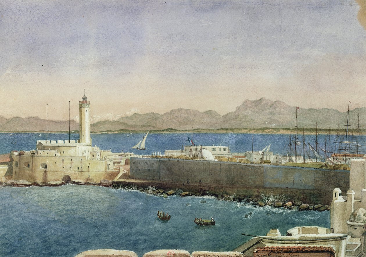Havnen og bryggen i Alger, ca. 1830 av Theodore Leblanc