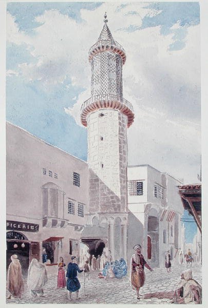Minareten i moskeen på Rue de Chartres og Rue Bab-Azoun, Alger (akvarell på papir) av Theodore Leblanc