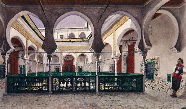 Utsikt over en indre gårdsplass til et hus i Alger, ca. 1830 (akvarell på papir) av Theodore Leblanc