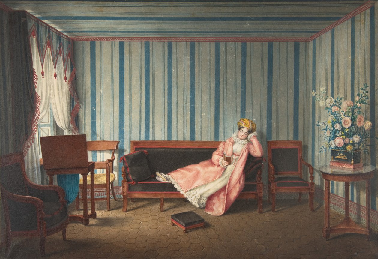 Kvinne i rosa liggende på en kanape, 1819. av Theodore Lebrun