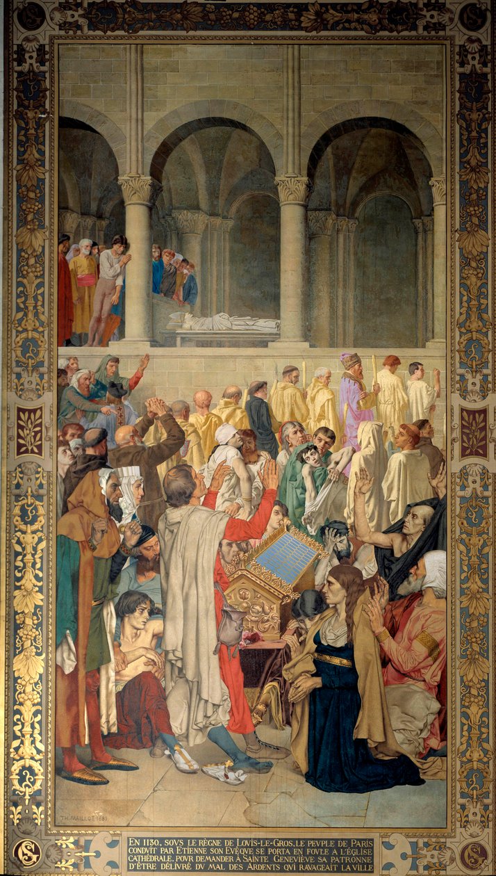 Kong Ludvig VI sa at Gros (1081-1137) og folket i Paris ledet av eveque Etienne ba om beskyttelse til Sainte Genevieve, skytshelgen for byen mot ondskapen til de glødende (eller ergotismen) i 1130 Maleri av Theodore Maillot ( 1826-1898) 1885 av Theodore Pierre Nicolas Maillot