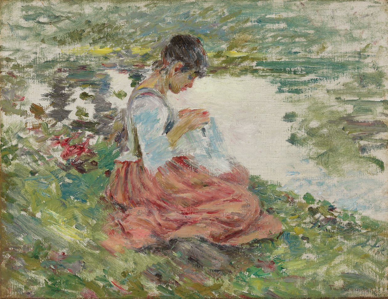 Girl Sewing by River, ca. 1891 av Theodore Robinson