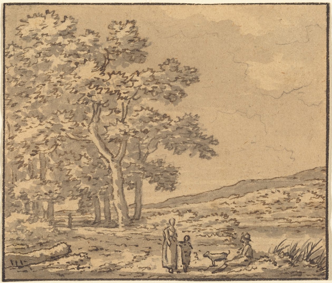 Et landskap med tre figurer og en hund av Theodore Rousseau