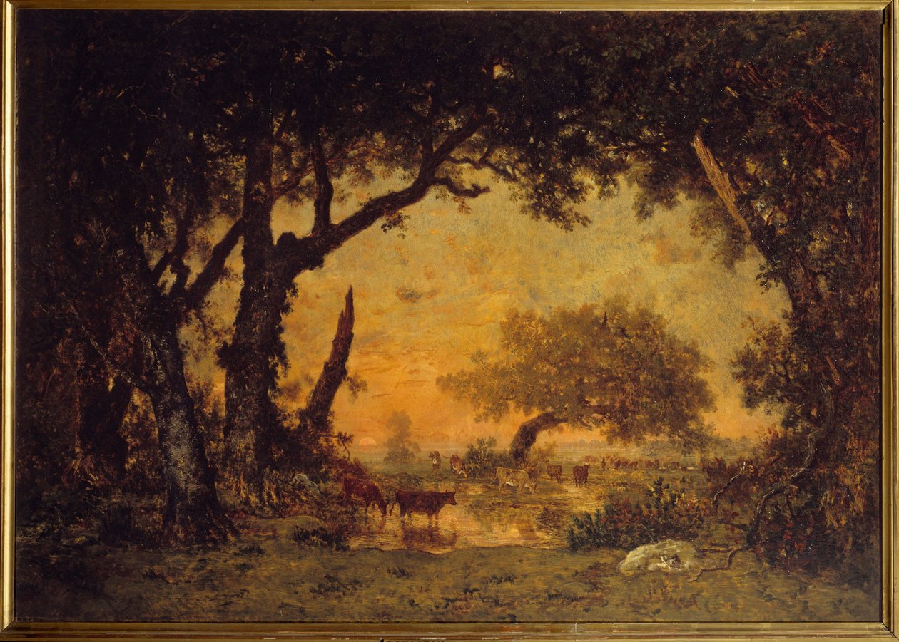 Utgang fra skogen i Fontainebleau, solnedgang Maleri av Theodore Rousseau (1812-1867) 1800-tallet Søn. 1,42x1,97 m av Pierre Etienne Theodore Rousseau