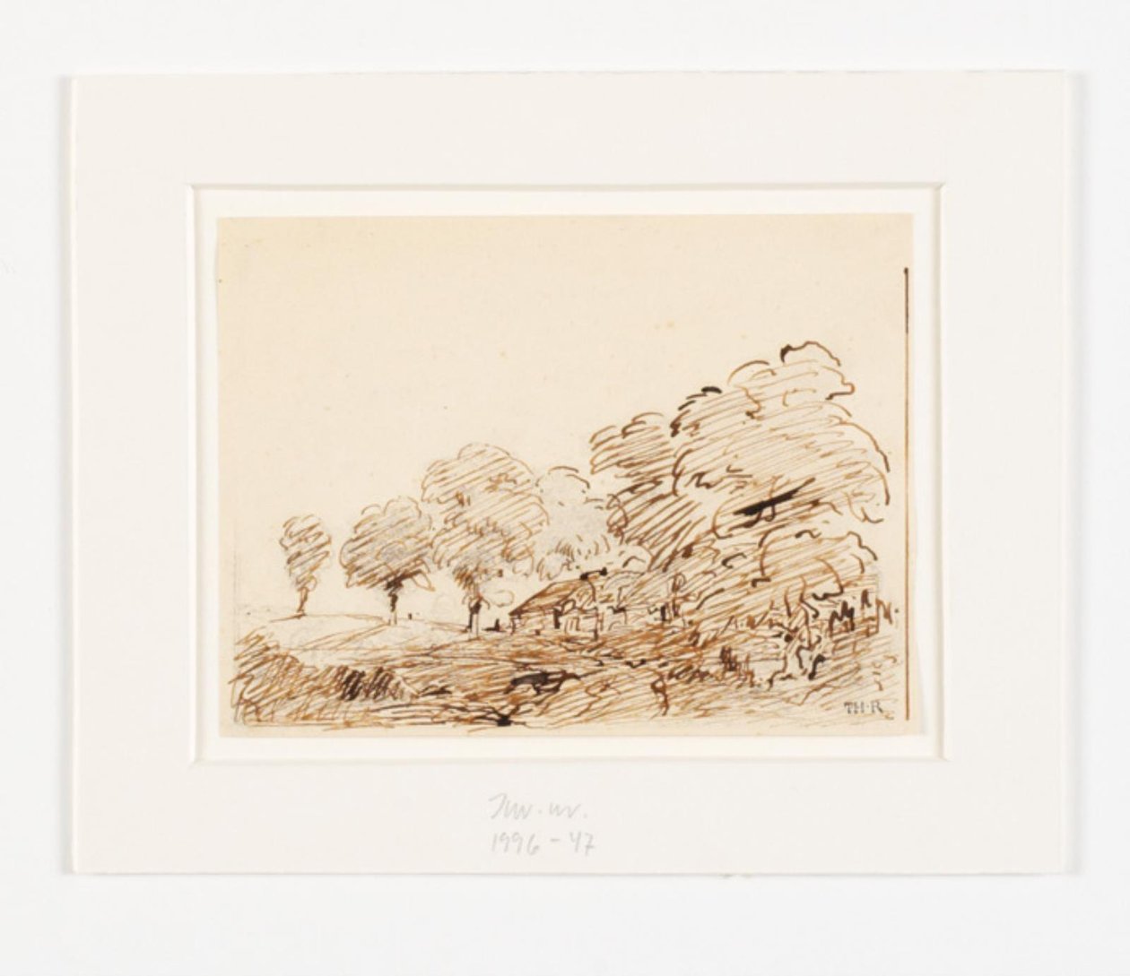 Landskap med hytte under høye trær av Theodore Rousseau