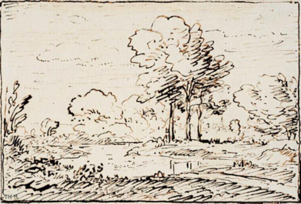 Landskap med tre høye trær ved en elvefylling av Theodore Rousseau