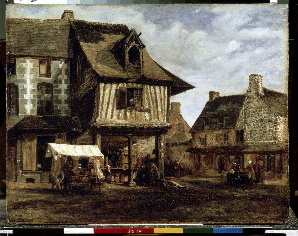 Markedsplass i Normandie (bindingsverkshus) (Markedsplass i Normandie). Maleri av Theodore Rousseau (1812-1867). Olje på tre, 29,5 x 38 cm, ca 1830. Fransk kunst fra Barbizon. Eremitasjemuseet, St. Petersburg. av Theodore Rousseau