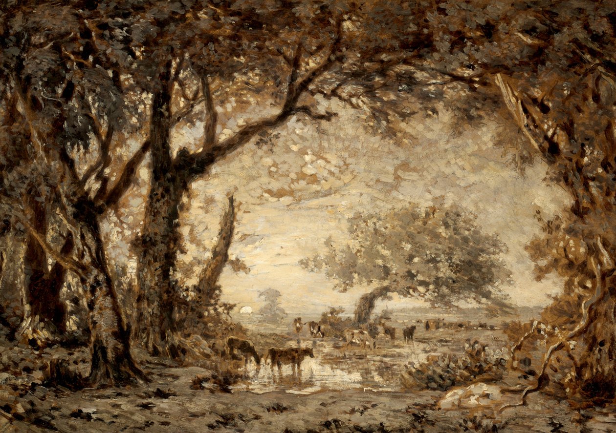 Solnedgang fra Fontainebleau-skogen av Theodore Rousseau