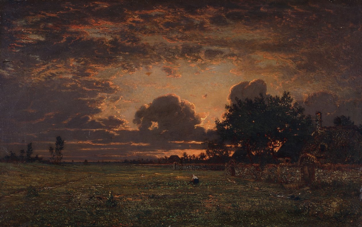 Solnedgang over Barbizon-sletten, av Pierre Etienne Theodore Rousseau
