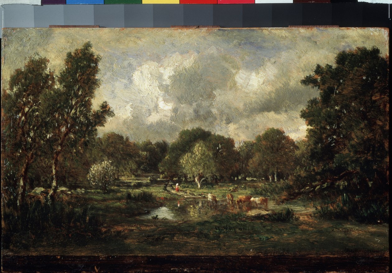 Kyr på vanningsplass. Maleri av Theodore Rousseau (1812-1867). Olje på tre av Theodore Rousseau