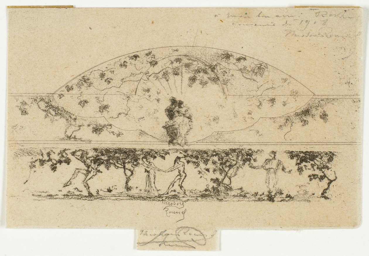 Jupiter og Alcmene og nymfer og satyrer på en frisemedalje, studie for dekorasjon av en ramme av Theodore Roussel