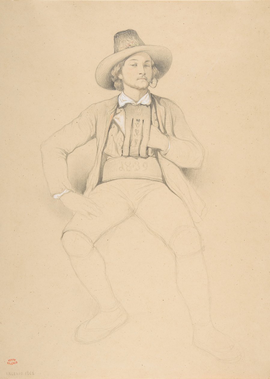 En mann i tyrolsk kostyme, sittende, røyker en pipe, 1842. av Theodore Valerio