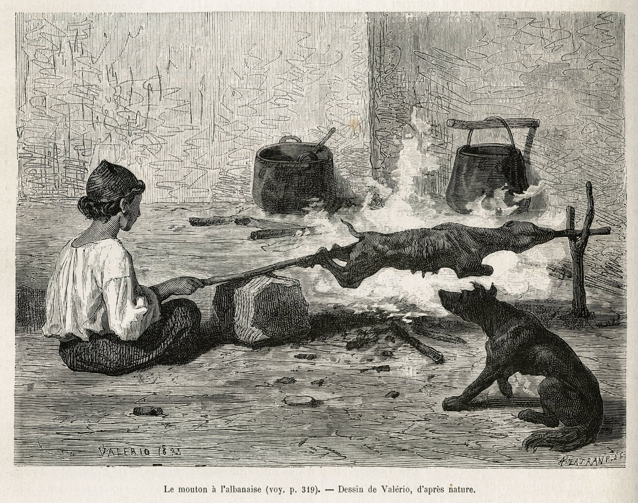 En ung montenegriner steker en sau med albaneren, sitter foran bålet og vrir på trenålen hele tiden. Gravering etter Valerios tegning, for å illustrere reisen til Dalmatia, av Charles Yriarte, i 1874, publisert i "" Le tour du mon av Theodore Valerio
