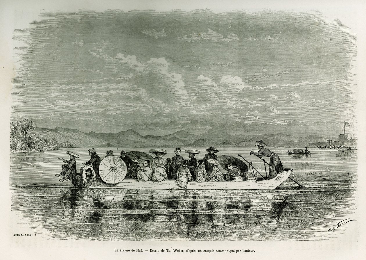 En båt på elven Hue (Vietnam), tegning av Th. Weber, for å illustrere historien om åtte dager med ambassade i Hue (Kingdom of Annam), i 1875, av Mr. Brossard de Corbigny, løytnant (N), knyttet til oppdraget. Gravering i Le tour du monde av Theodore Weber