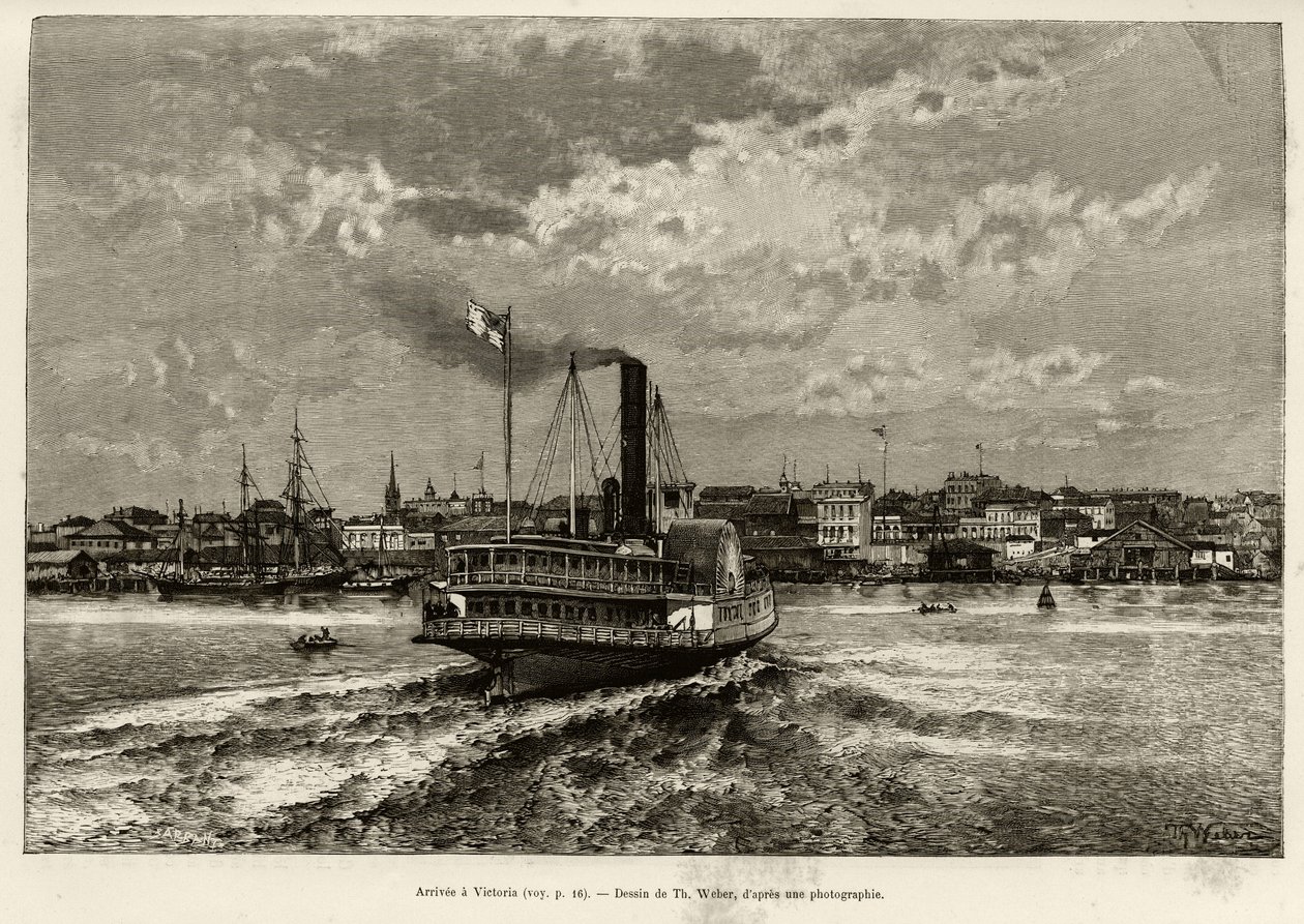 Ankomst til Victoria, Canada. Gravering av Th.Weber, for å illustrere historien ""Transcanadien and Alaska"" av E.Cotteau, i 1890, i Le tour du monde, nouveau journal des voyages, redigert av Edouard Charton (1807-1890), 2. semester 1891 , utgave Hachet av Theodore Weber