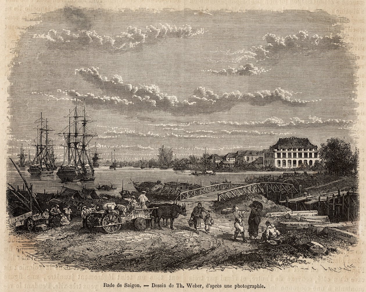 La rade de Saigon, gravering etter en tegning av T. Weber, som illustrerer reisen til Cochinchina, av doktor Morice, i 1872, publisert i "" Le tour du monde""" 1875, redigert av Edouard Charton, Hachette-utgaven, Paris. Selva samling. av Theodore Weber