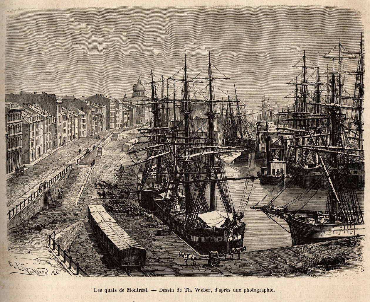 Les quais de Montreal, gravering etter en tegning av Th. Weber, illustrerer ekskursjonen til Canada og Riviere Rouge du nord, av H. De Lamotte, i 1873, publisert i "" Le tour du monde""" 1875, redigert av Edouard Charton, Hachette-utgaven, Paris. Selv av Theodore Weber