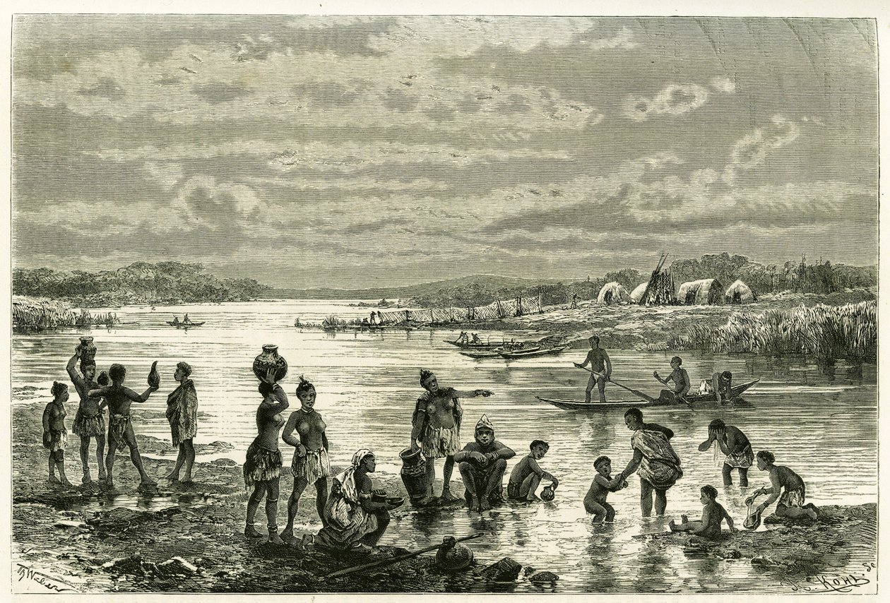 Livet på bredden av Zambeze-elven, marutsene er veldig opptatt av rensligheten deres, og vasking for dem er en aktivitet av første nødvendighet. Gravering av Th. Weber, for å illustrere historien «Au pays des Marutses», i 1875-1879, av Dr. Emile Holu av Theodore Weber