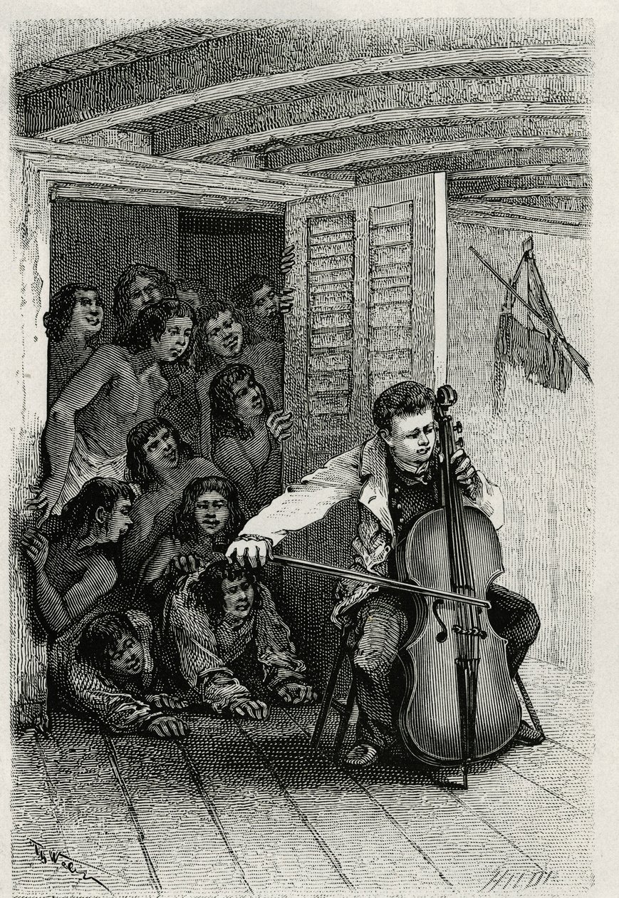 Portrett av den reisende forfatteren, spiller cello og tiltrekker et publikum av nysgjerrige. Gravering av Th.Weber, for å illustrere historien "" Les Iles Wallis"", av Dr. Emile Deschamps, legemajor ved det 80. infanteriet. Publisert i Le Tour du monde, n av Theodore Weber