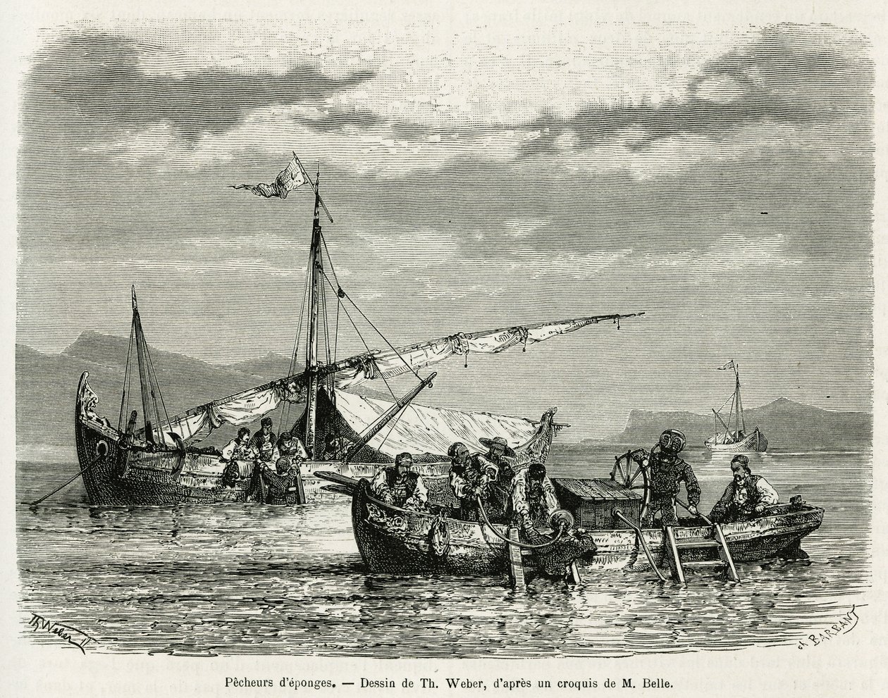 Svampefiskere i Nafplio-bukten, tegning av The. Weber, for å illustrere historien om en tur til Hellas i 1861, 1868 og 1874, av Henri Belle. Gravering i Le tour du monde av Theodore Weber