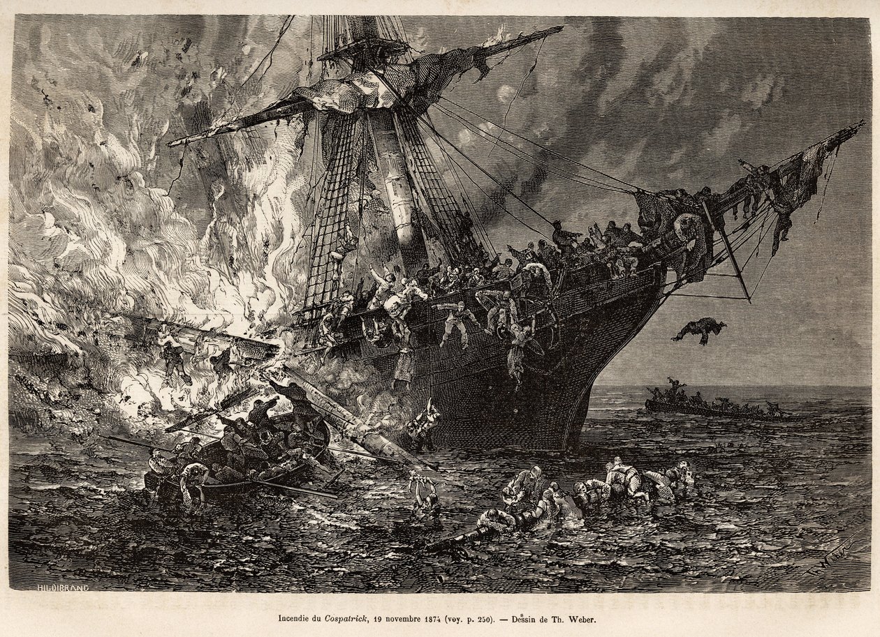 Brannen fra Cospatrick, et britisk skip som fraktet mer enn 400 emigranter til New Zealand, 19. november 1874, gravert etter en tegning av T. Weber, som illustrerer studiet av stormer og reiser, av Mr. Zurcher og Mr. Margolle, i 1870-1874, utgitt i av Theodore Weber