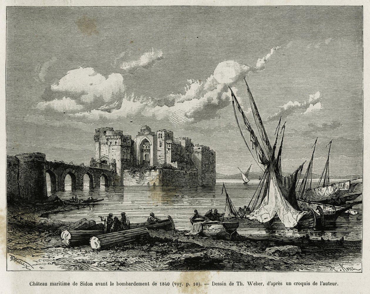 Det maritime slottet i Sidon før bombardementet i 1840. Gravering av Th. Weber, for å illustrere historien La Syria d'aujourd'hui, av M.Lortet, dekan ved Det medisinske fakultet i Lyon, med ansvar for et vitenskapelig oppdrag fra departementet for  av Theodore Weber